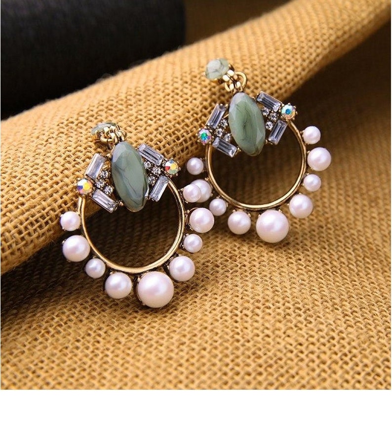 Green and Pearls Hoop Circle Earrings | Etsy