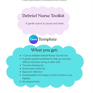 May include: A digital Canva template titled "Debrief Nurse Toolkit" with teal and purple cloud-shaped text boxes. The text includes "A quick, gentle guide for processing difficult moments" and "A gentle space to pause and reset."