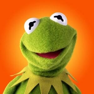 May include: A green felt puppet with a wide, smiling mouth, a red interior, and two large white eyes with black pupils. The puppet features a pointed, star-shaped collar around its neck, set against a solid, vibrant orange background.