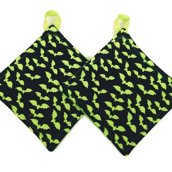 Lime Green Bat Print Pot Holder Set: Handmade Kitchen Hot Pads