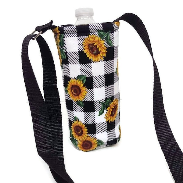 Plaid Sunflower Insulated Water Bottle Holder with Adjustable Strap