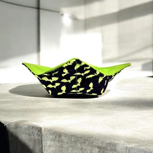 Bowl Cozy,  Microwave Safe Bowl Cozy, Cotton Soup Hot Bowl Pot Holder in a Lime Green Bat and Solid Lime Green Fabric Print