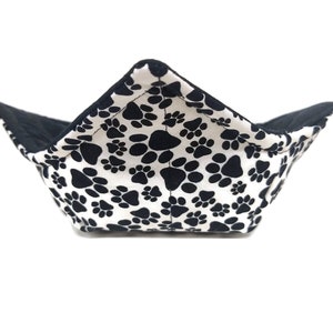 Bowl Cozy Microwave Safe Cotton Soup Hot Bowl Pot Holder in a White and Black Paw Print Fabric print