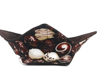 Bowl Cozy Microwave Safe Cotton Soup Hot Bowl Pot Holder in a Chocolate Truffle and Solid Brown Fabric Print