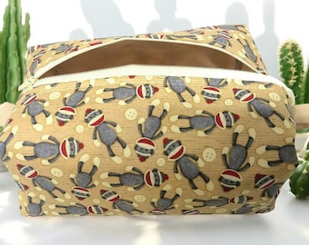 Cosmetic Bag, Rectangular Box Bag in a Sock Monkey Fabric