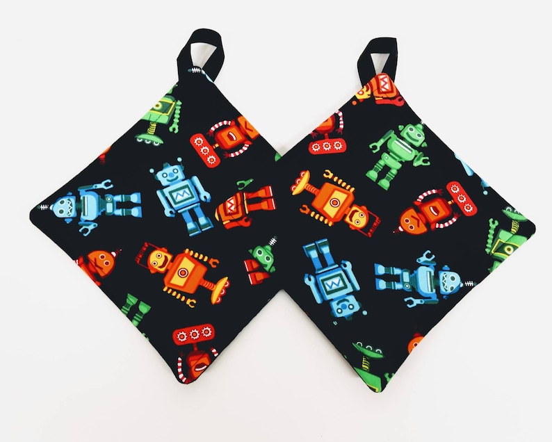Multicolored Robots Potholder or Hot Pad set with Hanging Loop