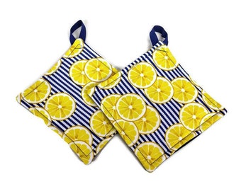 Pot holder for kitchen Pot Holder Set Oven Hot Pad Pot Holder for Cooking or Baking in a Blue Lemon Fabric Print