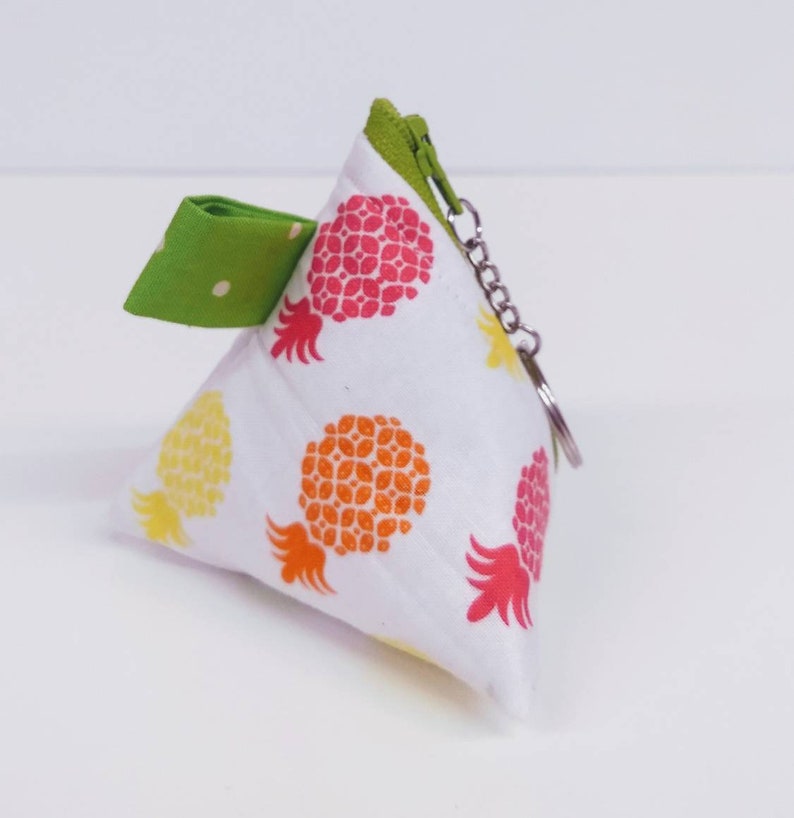 Multicolored Pineapple Pyramid Zippered coin purse with Key Ring and green polka dot lining