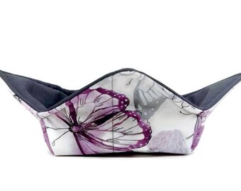 Bowl Cozy Microwave Safe Cotton Soup Hot Bowl Pot Holder in a Purple Butterfly and Solid Grey Fabric Print