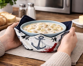 Microwave Bowl Cozy, Cotton Soup Bowl Holder, Nautical Lobster & Anchor Print