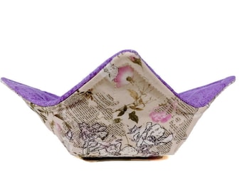 Bowl Cozy Microwave Safe Cotton Soup Hot Bowl Pot Holder in a Fine Print Flower and Light Purple Fabric Print