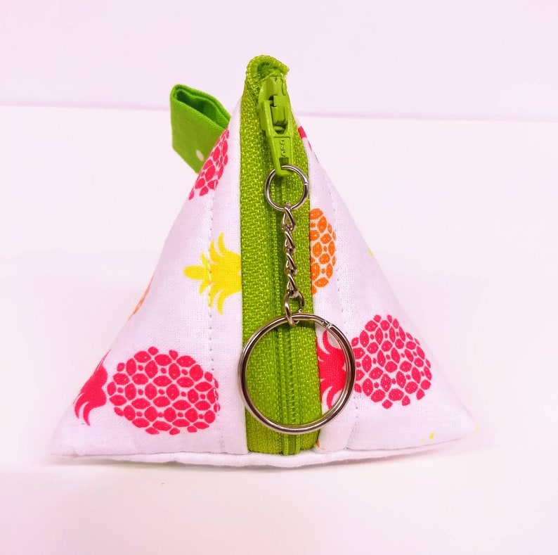 Multicolored Pineapple Pyramid Zippered coin purse with Key Ring and green polka dot lining