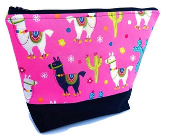 White and Black Llama zippered cosmetic, make up, travel bag