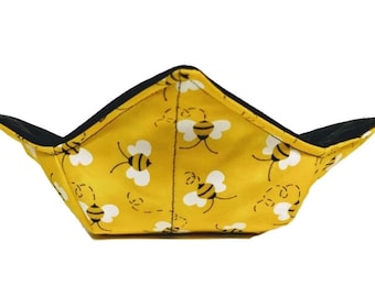 Bowl Cozy Microwave Safe Cotton Soup Hot Bowl Pot Holder in a Yellow Honey Bee and Solid Black Fabric Print
