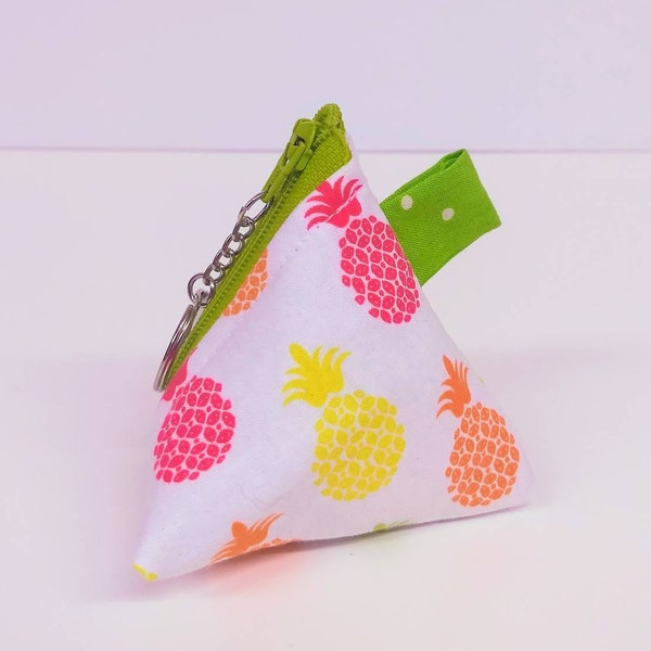 Multicolored Pineapple Pyramid Zippered coin purse with Key Ring and green polka dot lining