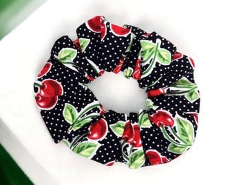 Scrunchie, Hair Tie, Hair Accessories, Gift for Girls Black and White Cherry Hair Scrunchie