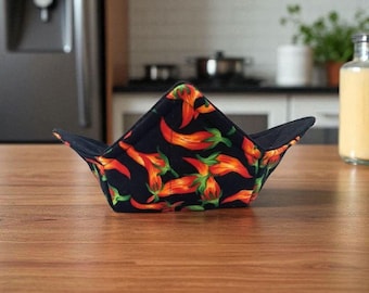 Bowl Cozy Microwave Safe Cotton Hot Soup Bowl Pot Holder in a Reversible Red Chili Pepper Fabric Print