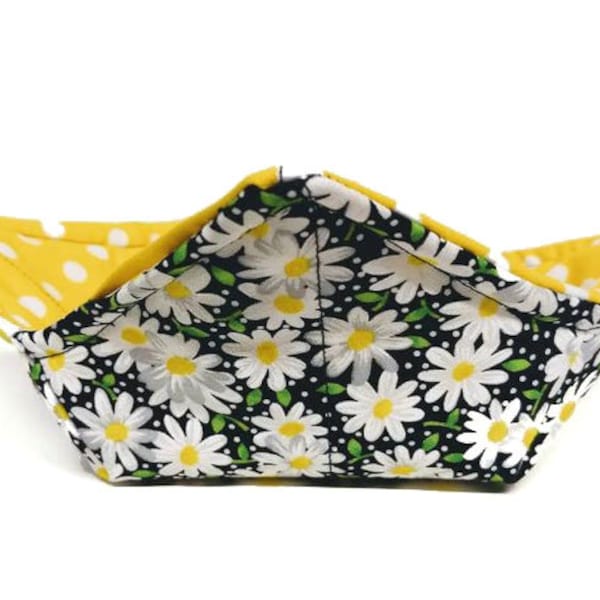 Bowl Cozy Microwave Safe Cotton Soup Hot Bowl Pot Holder in a Black and White Daisy and Yellow and White Polka Dot Fabric Print