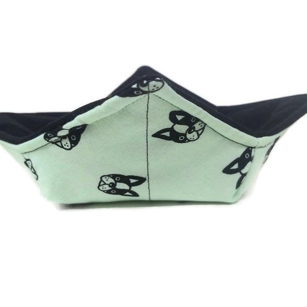 Schüssel Gemütlich Mikrowellensichere Baumwolle Suppe Heiße Schüssel Topflappen in einem Reversible Teal Frenchie Dog und Solid Black Fabric Print