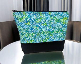 Cosmetic Bag, Make Up Bag, Zippered Pouch, Travel Bag Green and Blue Flowers zippered cosmetic, make up, travel bag
