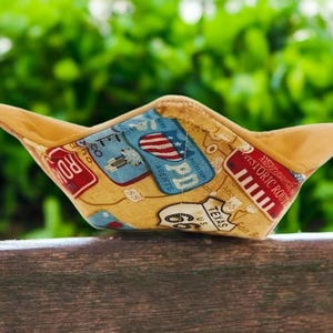 Bowl Cozy Microwave Safe Cotton Soup Hot Bowl Pot Holder in a Historic Street Sign and Solid Tan Fabric Print