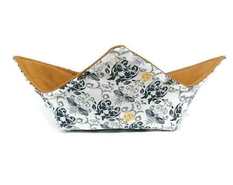 Bowl Cozy Microwave Safe Cotton Hot Soup Bowl Pot Holder in a Reversible Bee with Grey Scroll and Mustard Yellow Fabric Print
