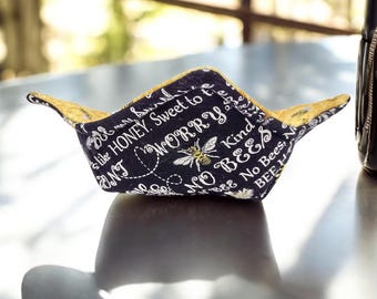 Bowl Cozy - Microwave Safe Cotton Hot Soup Bowl Pot Holder in a Reversible Bee Happy and Bee and Honey Comb Fabric Print