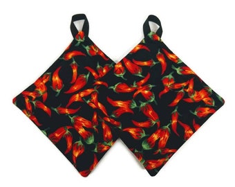 Pot holder for kitchen Pot Holder Set Oven Hot Pad Pot Holder for Cooking or Baking in a Red Chili Pepper Fabric Print