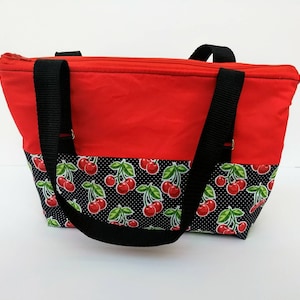 Red Cherry lined insulated zip top lunch bag or sack with straps