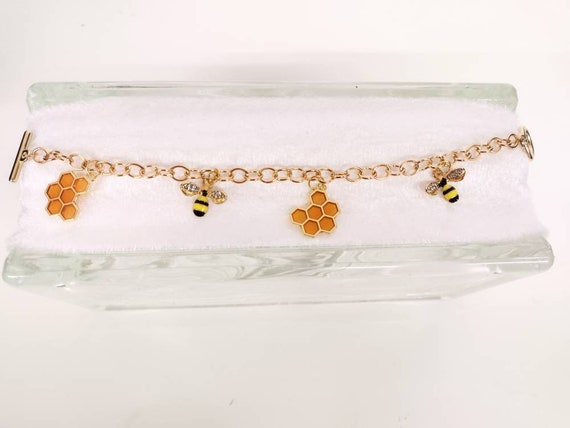 Bee and Honey Comb Gold Chain Charm Bracelet