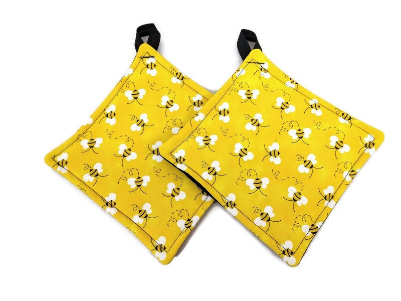 Yellow Honey Bee Potholder or Hot Pad set with Hanging Loop