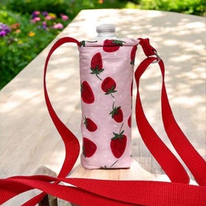 Water Bottle Holder, Water Bottle Case Adjustable Water Bottle Holder in a Strawberry Festival Fabric Print by Sewuseful Studios LLC