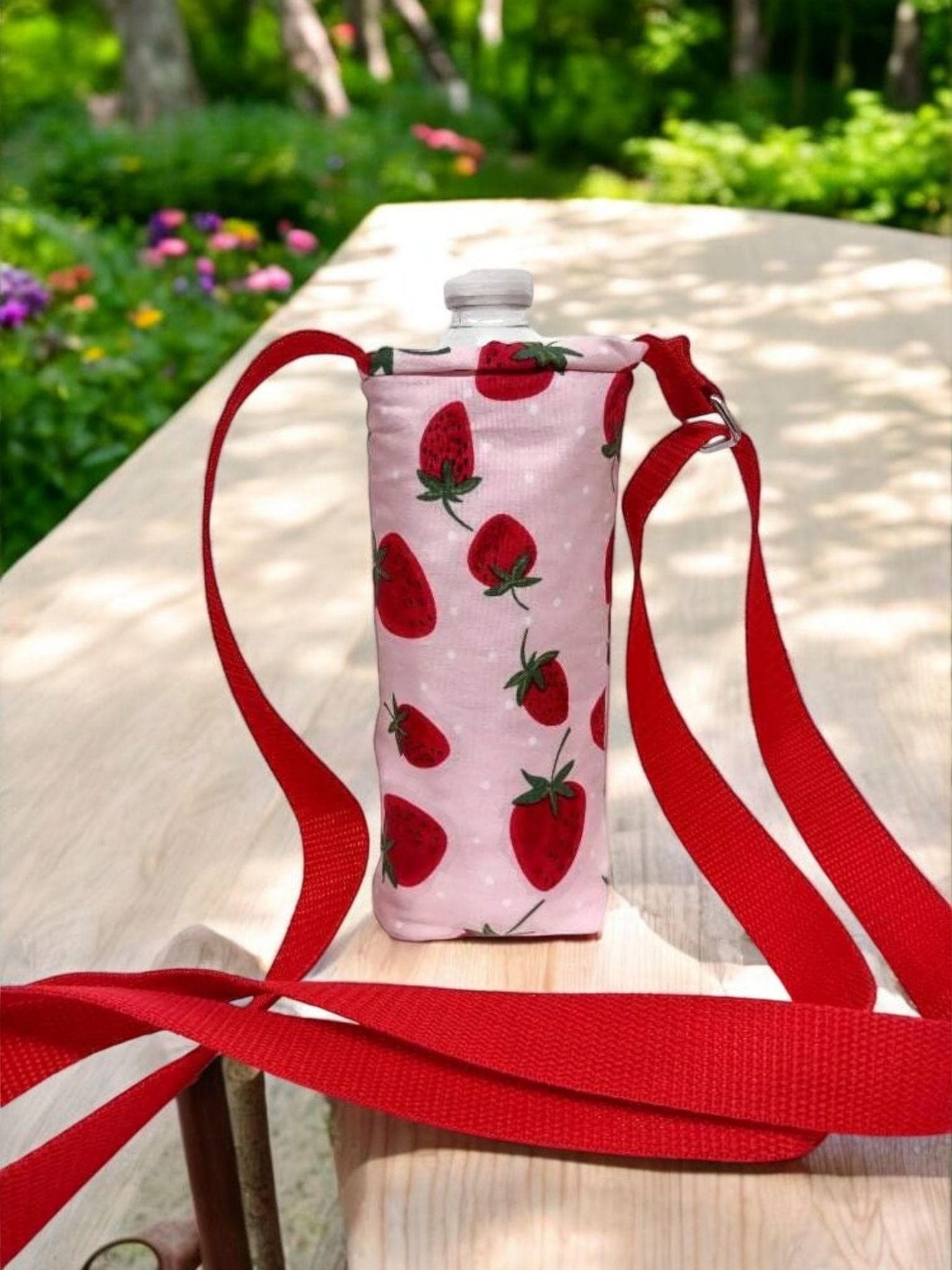 Water Bottle Holder, Water Bottle Case Adjustable Water Bottle Holder in a Strawberry Festival Fabric Print by Sewuseful Studios LLC