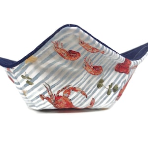 Bowl Cozy Microwave Safe Cotton Soup Hot Bowl Pot Holder in a Seafood Platter and Navy Blue Fabric Print