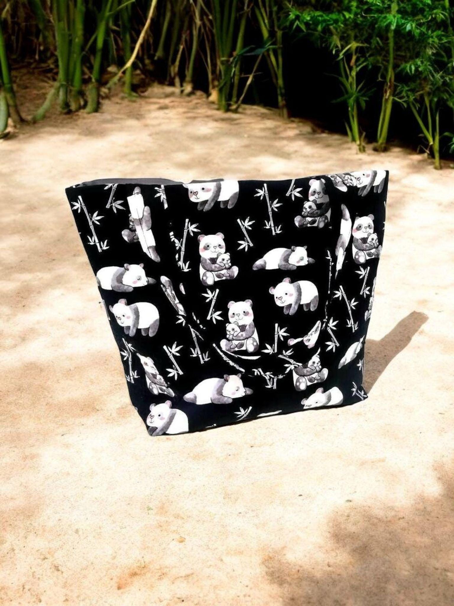 Tote Bag, Beach Bag Pandas with Bamboo Beach Bag or Tote Bag with Pocket
