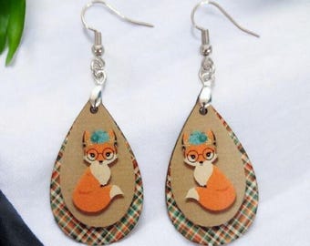 Unique Plaid Fox Pattern Dangle Earrings | Lightweight MDF Board & Ink Design | Silver Hardware | Ready to Ship
