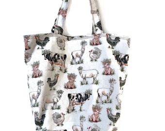 Tote Bag, Reusable Bag, Shopper Bag, Grocery Bag in a Farm Animal Cotton Canvas Fabric Print