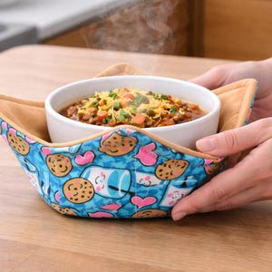 Bowl Cozy Microwave Safe Cotton Soup Hot Bowl Pot Holder in a Milk and Cookies and Solid Tan Fabric Print image 1