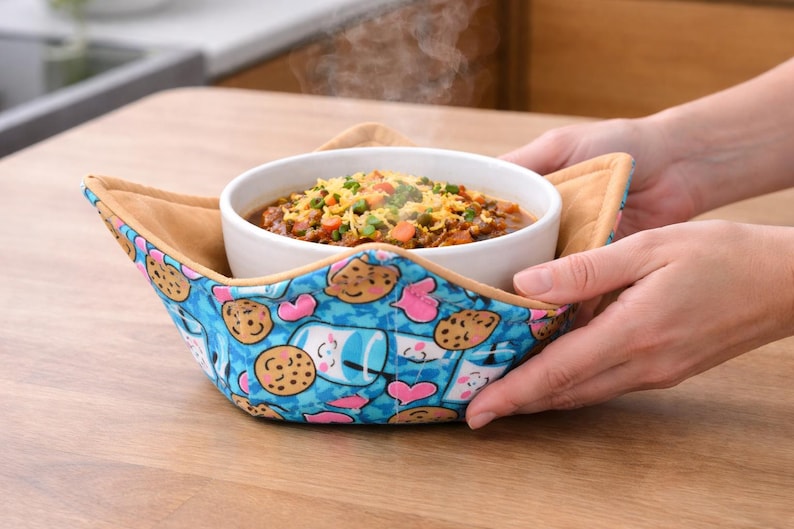 Bowl Cozy Microwave Safe Cotton Soup Hot Bowl Pot Holder in a Milk and Cookies and Solid Tan Fabric Print image 1