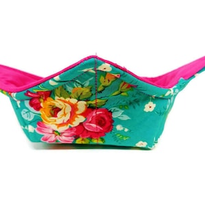 Microwavable Bowl Cozy Reversible Soup Bowl Holder in a Teal Vintage Floral Fabric pattern