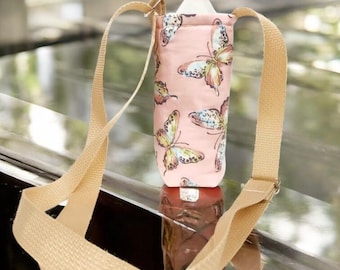 Insulated Water Bottle holder in a Tan Butterfly Fabric print with an Adjustable Nylon Strap