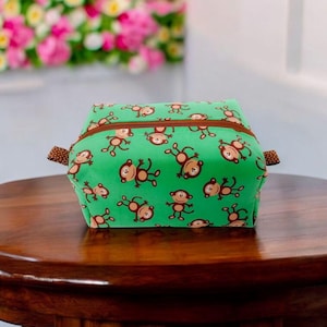 Zippered Box Bag: Green Monkey Print Travel Pouch