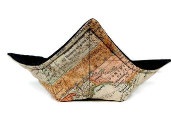 Bowl Cozy Microwave safe Cotton Hot Soup Bowl Pot Holder in an Antique Map Fabric Print