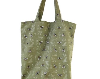 Tote Bag, Reusable Bag, Shopper Bag, Grocery Bag in a Dark Green Bee Cotton Canvas Fabric Print