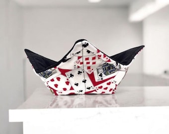 Bowl Cozy Microwave Safe Cotton Soup Hot Bowl Pot Holder in a Poker Playing Card and Solid Black Fabric Print