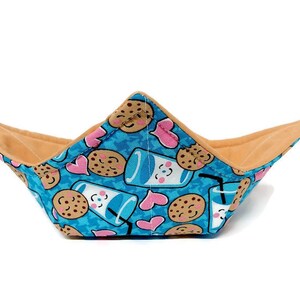 Bowl Cozy Microwave Safe Cotton Soup Hot Bowl Pot Holder in a Milk and Cookies and Solid Tan Fabric Print image 3