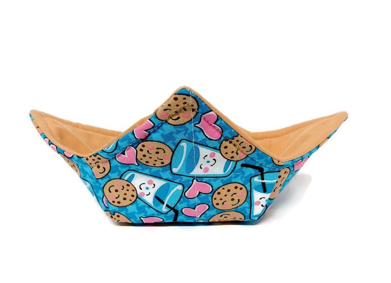 Bowl Cozy Microwave Safe Cotton Soup Hot Bowl Pot Holder in a Milk and Cookies and Solid Tan Fabric Print image 3