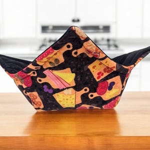 Bowl Cozy Microwave Safe Cotton Soup Hot Bowl Pot Holder in a Charcuterie Board and Solid Black Fabric Print