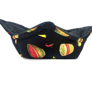 Bowl Cozy Microwave Safe Cotton Soup Hot Bowl Pot Holder in a Cinco de Mayo Salsa and Solid Black Fabric Print