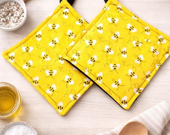 Topflappen für die Küche, Topflappen-Set, Ofen Hot Pad, Topflappen zum Kochen oder Backen in einem gelben Honigbienen-Stoffdruck